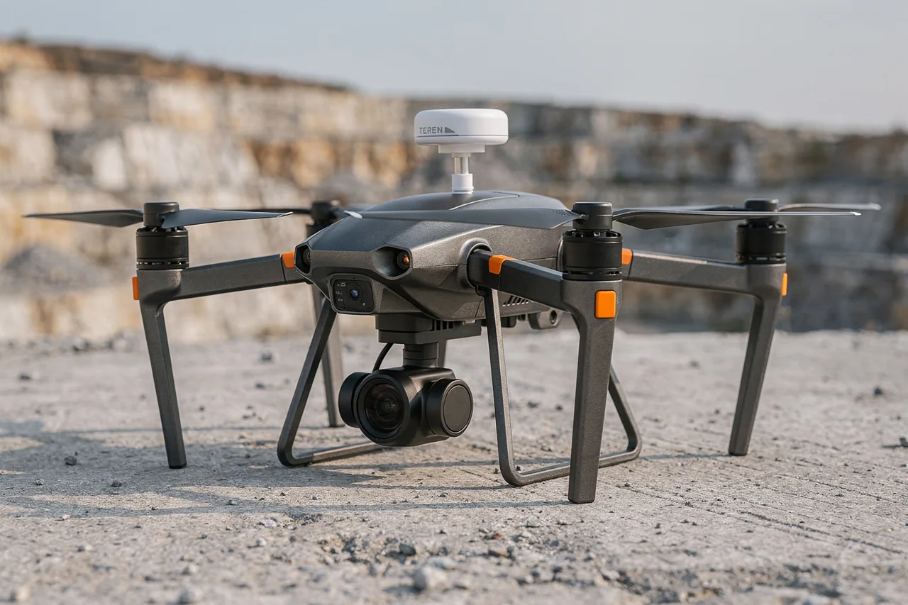 Koncepcyjny dron pomiarowy z kamerą i anteną RTK