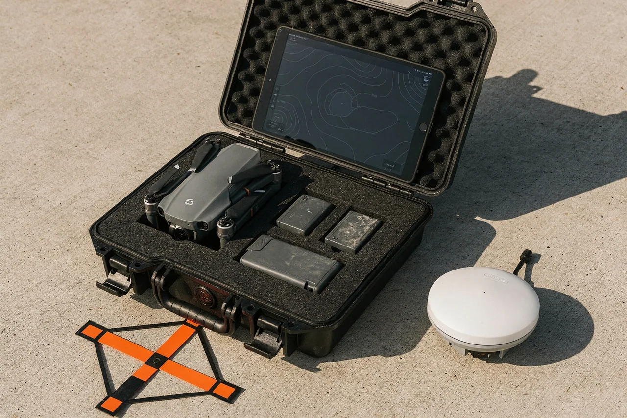 Wizualizacja zestawu terenowego z dronem, tabletem i punktem kontrolnym